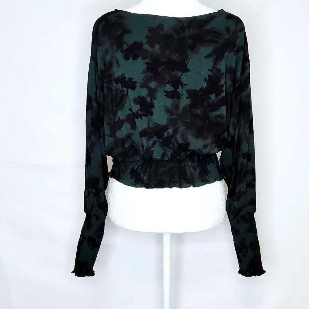 Madewell Forest Green Leafy Botanical Print Smocked Top XS Long Sleeve Boho NWT